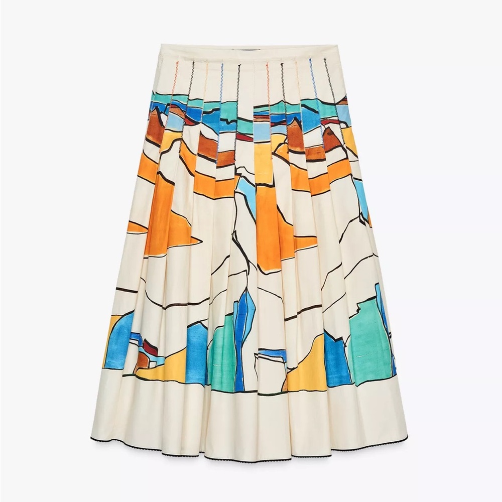 Zara Cream Midi A-Line Pleated Skirt Casual
